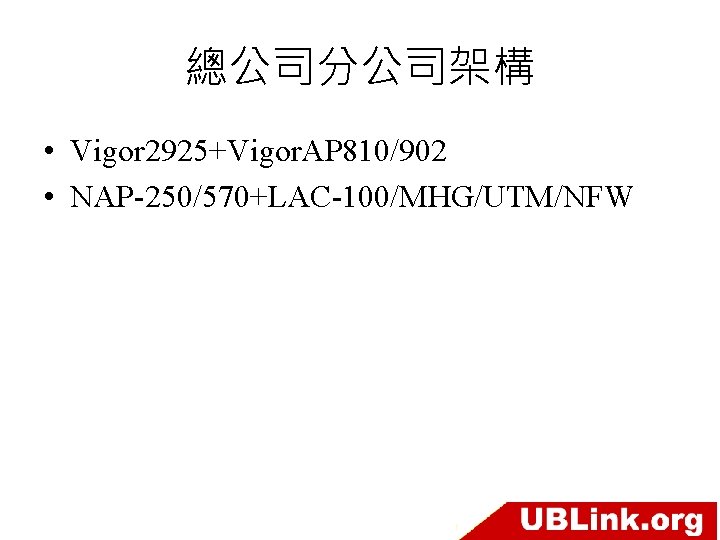 總公司分公司架構 • Vigor 2925+Vigor. AP 810/902 • NAP-250/570+LAC-100/MHG/UTM/NFW 