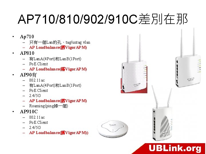 AP 710/810/902/910 C差別在那 • Ap 710 – 只有一個Lan的孔，tag/untag vlan – AP Loadbalance(搭Vigor. APM) •