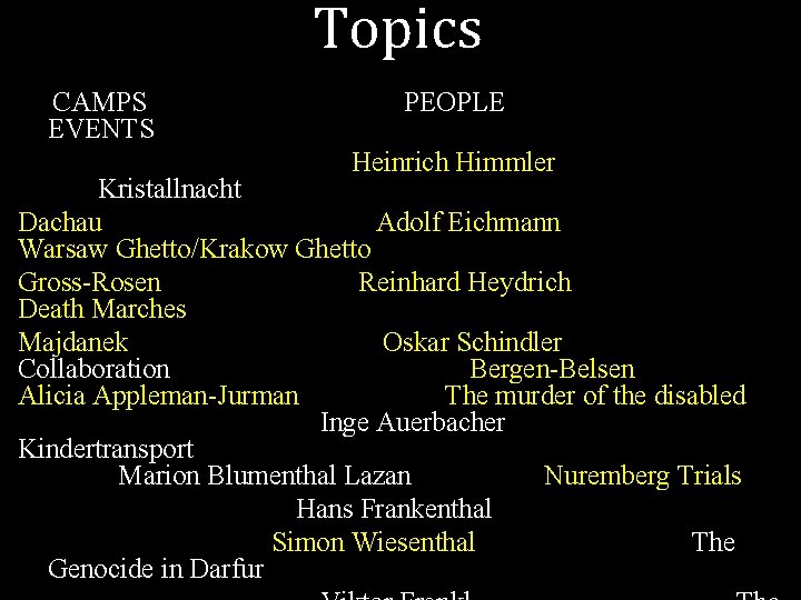 Topics CAMPS EVENTS PEOPLE Heinrich Himmler Kristallnacht Dachau Adolf Eichmann Warsaw Ghetto/Krakow Ghetto Gross-Rosen