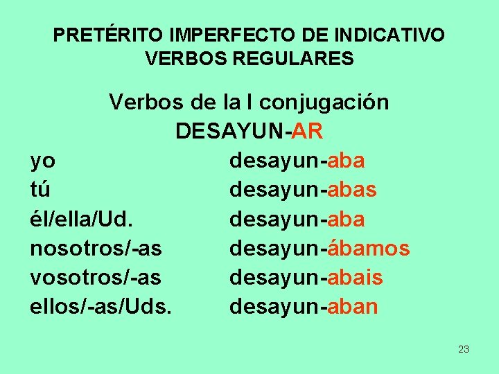 PRETÉRITO IMPERFECTO DE INDICATIVO VERBOS REGULARES Verbos de la I conjugación DESAYUN-AR yo desayun-aba