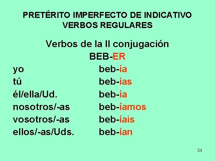 PRETÉRITO IMPERFECTO DE INDICATIVO VERBOS REGULARES Verbos de la II conjugación BEB-ER yo beb-ía