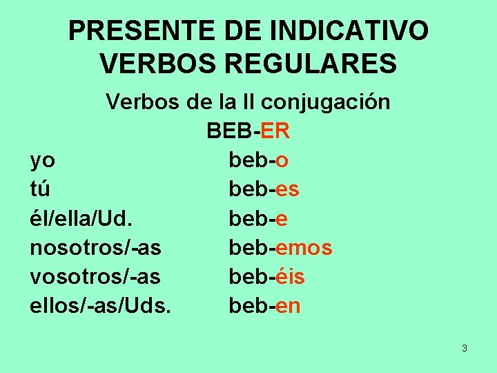 PRESENTE DE INDICATIVO VERBOS REGULARES Verbos de la II conjugación BEB-ER yo beb-o tú