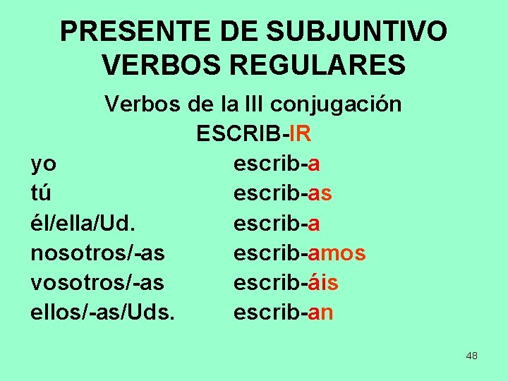 PRESENTE DE SUBJUNTIVO VERBOS REGULARES Verbos de la III conjugación ESCRIB-IR yo escrib-a tú