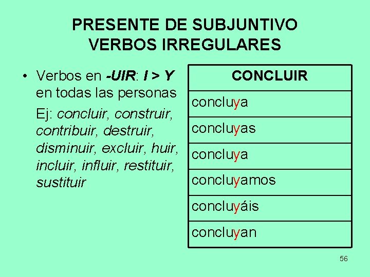 PRESENTE DE SUBJUNTIVO VERBOS IRREGULARES • Verbos en -UIR: I > Y en todas