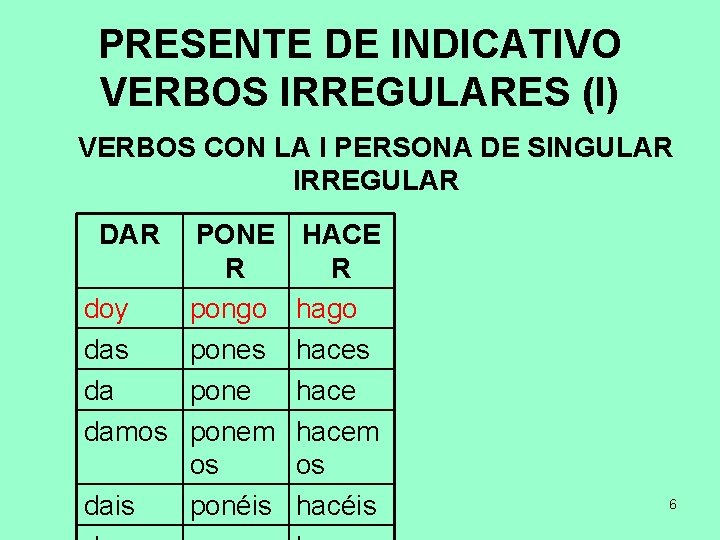 PRESENTE DE INDICATIVO VERBOS IRREGULARES (I) VERBOS CON LA I PERSONA DE SINGULAR IRREGULAR