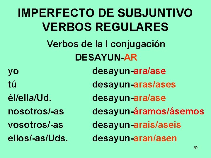 IMPERFECTO DE SUBJUNTIVO VERBOS REGULARES Verbos de la I conjugación DESAYUN-AR yo desayun-ara/ase tú