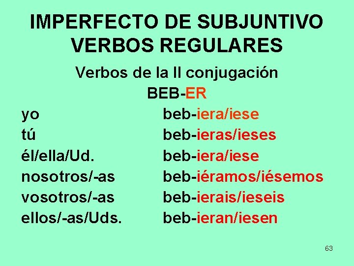 IMPERFECTO DE SUBJUNTIVO VERBOS REGULARES Verbos de la II conjugación BEB-ER yo beb-iera/iese tú