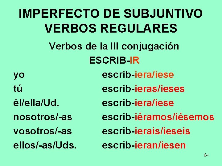 IMPERFECTO DE SUBJUNTIVO VERBOS REGULARES Verbos de la III conjugación ESCRIB-IR yo escrib-iera/iese tú