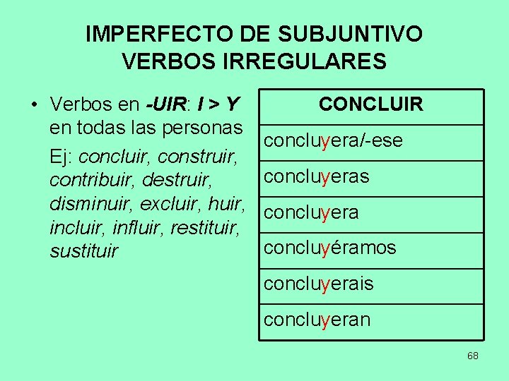 IMPERFECTO DE SUBJUNTIVO VERBOS IRREGULARES • Verbos en -UIR: I > Y en todas