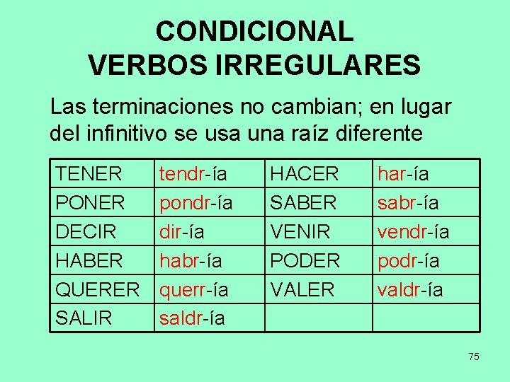 CONDICIONAL VERBOS IRREGULARES Las terminaciones no cambian; en lugar del infinitivo se usa una