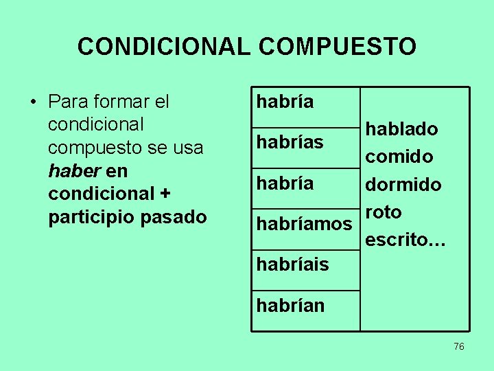 CONDICIONAL COMPUESTO • Para formar el condicional compuesto se usa haber en condicional +