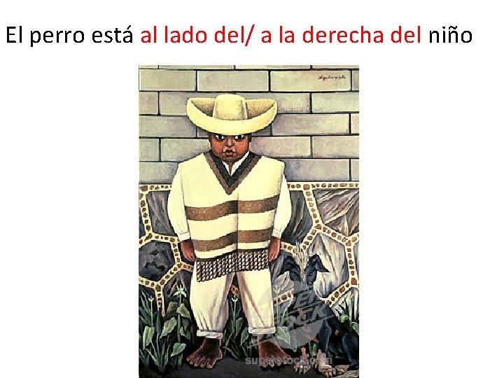 El perro está al lado del/ a la derecha del niño 