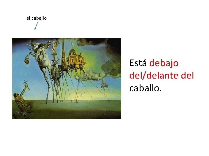 el caballo Está debajo del/delante del caballo. 