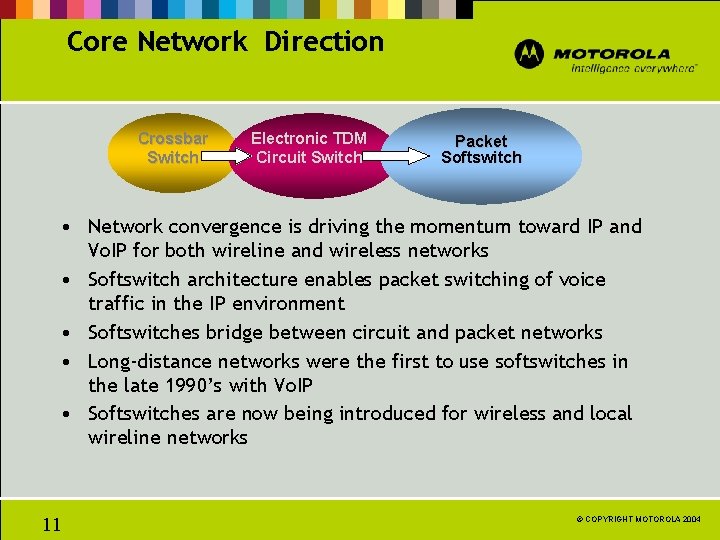 Core Network Direction Crossbar Switch Electronic TDM Circuit Switch Packet Softswitch • Network convergence