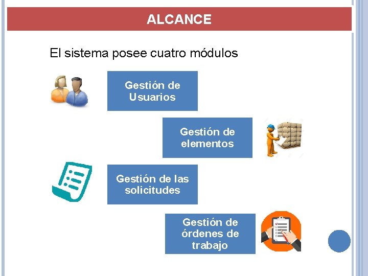 ALCANCE El sistema posee cuatro módulos Gestión de Usuarios Gestión de elementos Gestión de