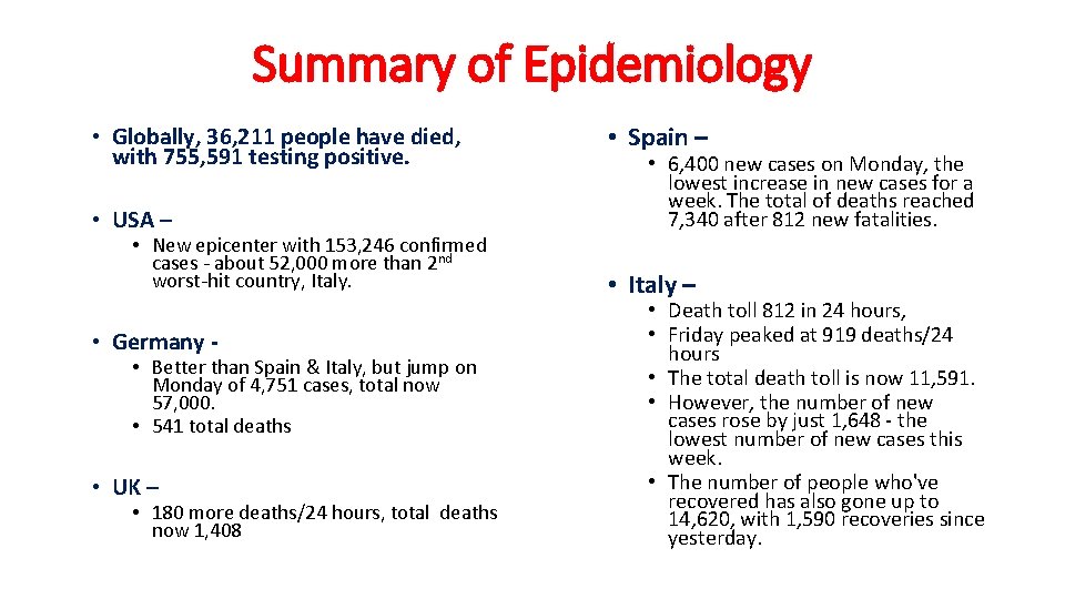 Summary of Epidemiology • Globally, 36, 211 people have died, with 755, 591 testing