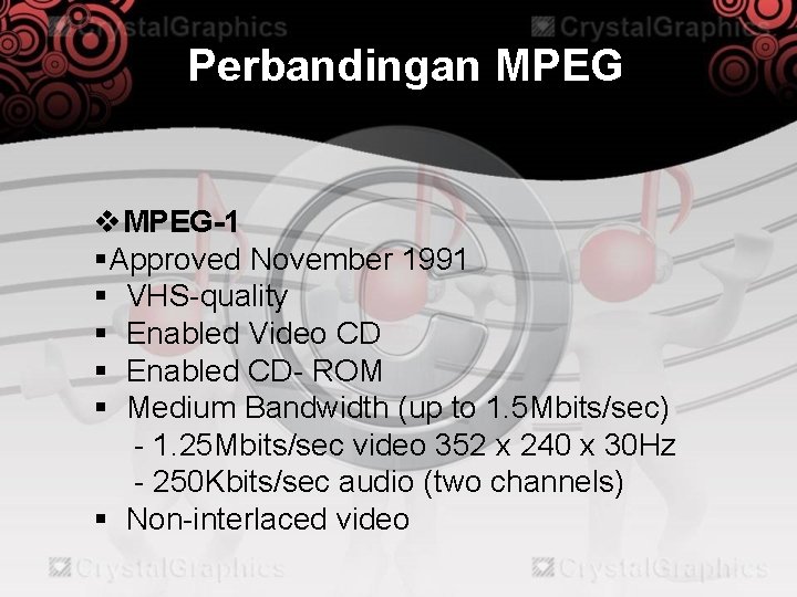 Perbandingan MPEG v. MPEG-1 §Approved November 1991 § VHS-quality § Enabled Video CD §