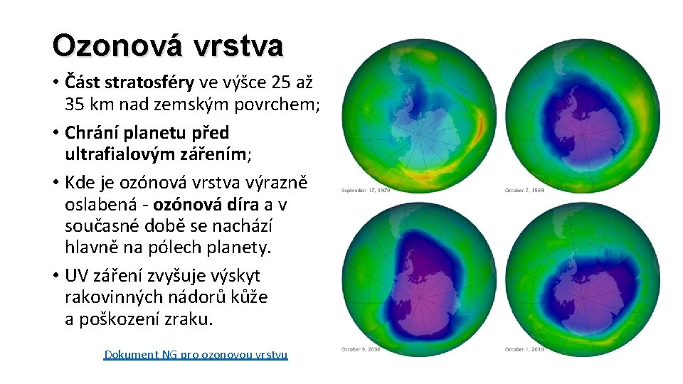 Ozonová vrstva • Část stratosféry ve výšce 25 až 35 km nad zemským povrchem;