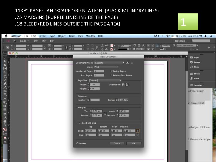 11 X 8” PAGE: LANDSCAPE ORIENTATION (BLACK BOUNDRY LINES). 25 MARGINS (PURPLE LINES INSIDE