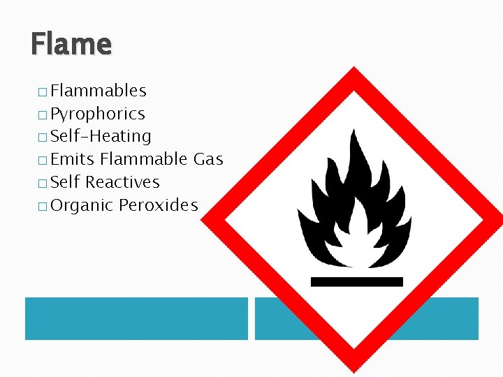 Flame � Flammables � Pyrophorics � Self-Heating � Emits Flammable Gas � Self Reactives