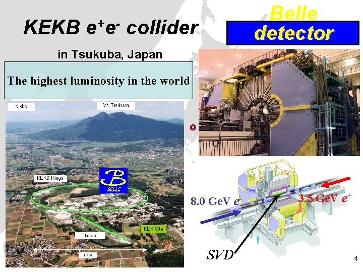 Belle detector KEKB e+e- collider in Tsukuba, Japan The highest luminosity in the world