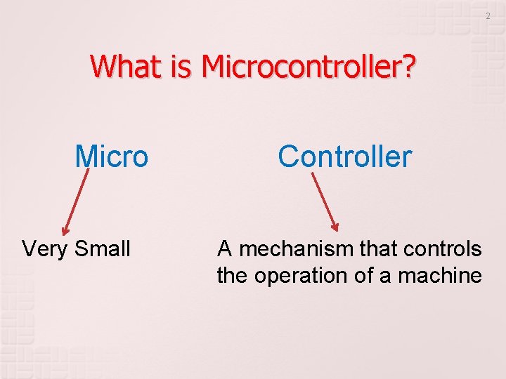 2 What is Microcontroller? Micro Controller Very Small A mechanism that controls the operation