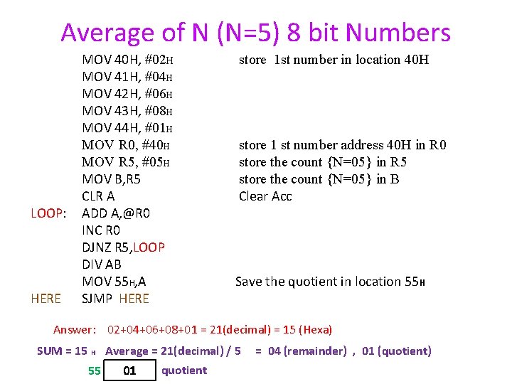 Average of N (N=5) 8 bit Numbers MOV 40 H, #02 H MOV 41