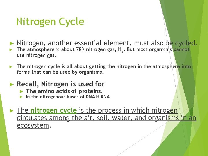 Nitrogen Cycle ► Nitrogen, another essential element, must also be cycled. ► The atmosphere