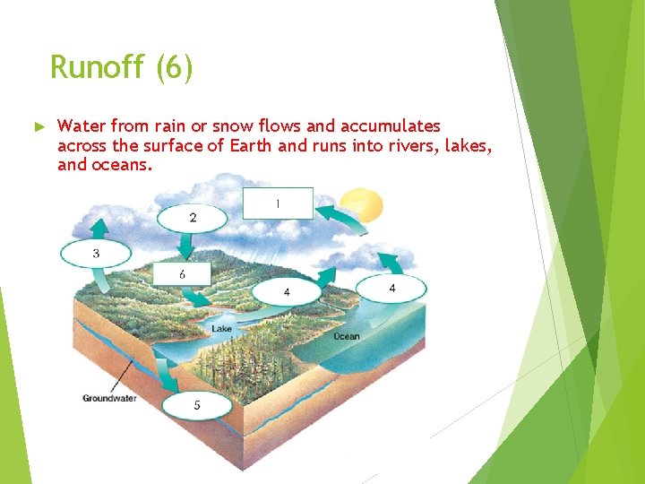 Runoff (6) ► Water from rain or snow flows and accumulates across the surface