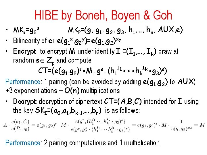 HIBE by Boneh, Boyen & Goh • MKs=g 2 a MKP=(g, g 1, g