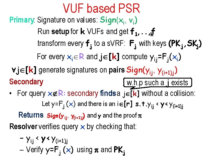 VUF based PSR Primary: Signature on values: Sign(xi, vi) Run setup for k VUFs