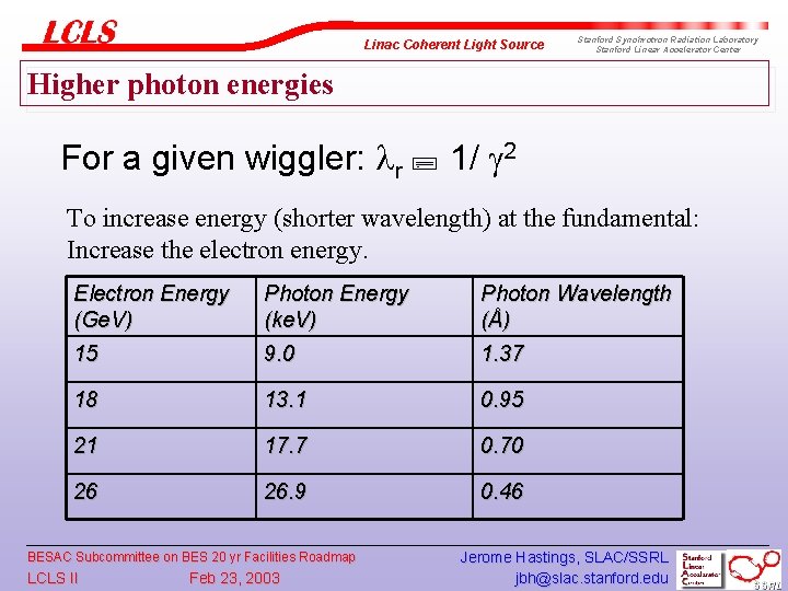 Linac Coherent Light Source Stanford Synchrotron Radiation Laboratory Stanford Linear Accelerator Center Higher photon