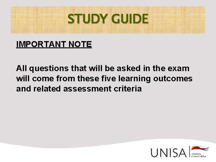 STUDY GUIDE IMPORTANT NOTE All questions that will be asked in the exam will