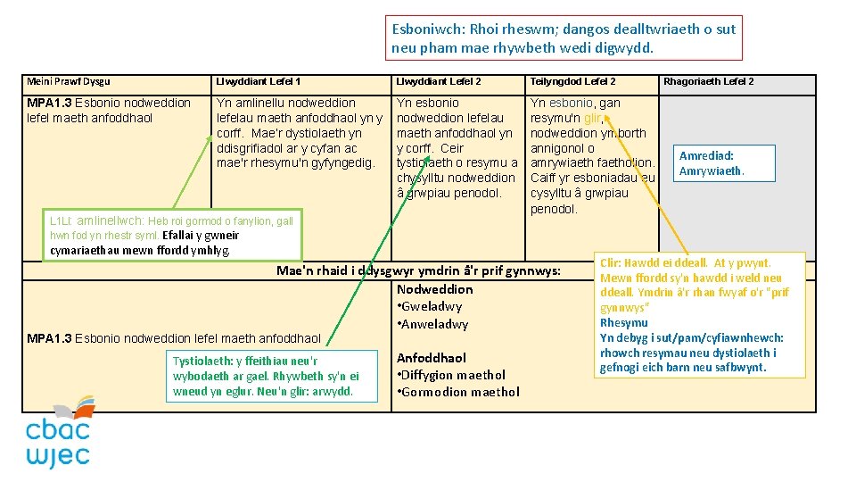 Esboniwch: Rhoi rheswm; dangos dealltwriaeth o sut neu pham mae rhywbeth wedi digwydd. Meini