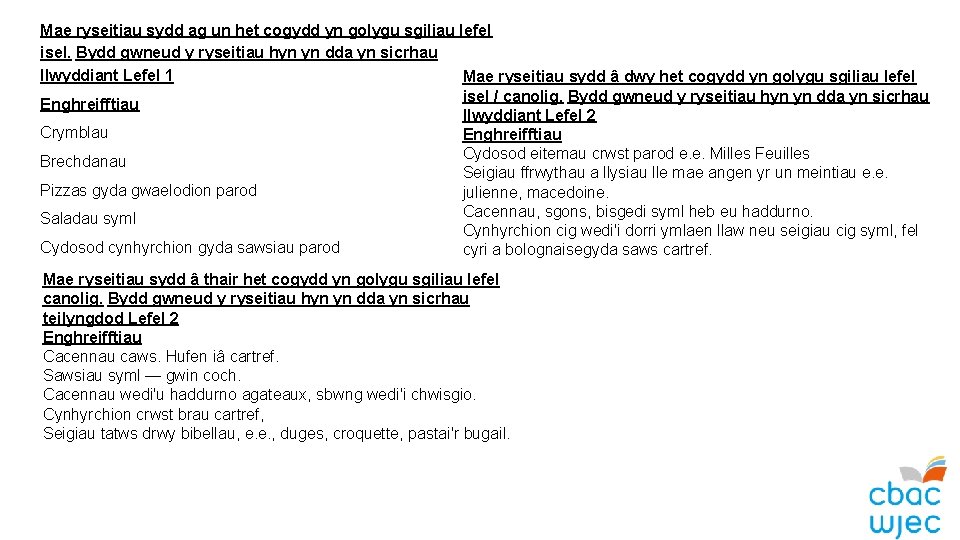 Mae ryseitiau sydd ag un het cogydd yn golygu sgiliau lefel isel. Bydd gwneud