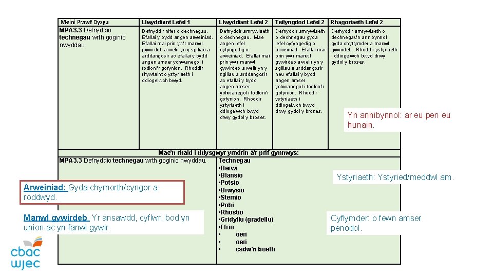 Meini Prawf Dysgu MPA 3. 3 Defnyddio technegau wrth goginio nwyddau. Llwyddiant Lefel 1
