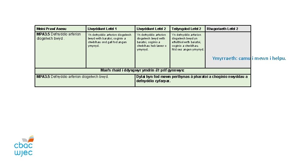 Meini Prawf Asesu Llwyddiant Lefel 1 Llwyddiant Lefel 2 Teilyngdod Lefel 2 Rhagoriaeth Lefel