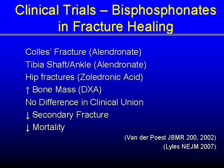 Clinical Trials – Bisphonates in Fracture Healing Colles’ Fracture (Alendronate) Tibia Shaft/Ankle (Alendronate) Hip