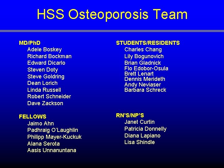 HSS Osteoporosis Team MD/Ph. D Adele Boskey Richard Bockman Edward Dicarlo Steven Doty Steve