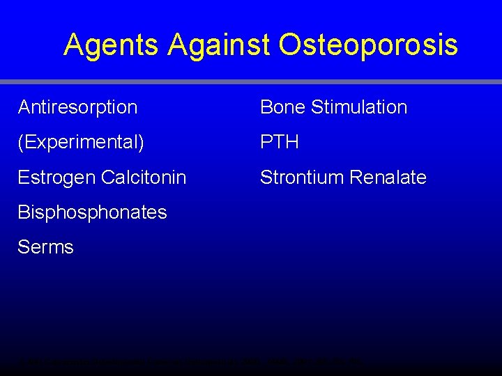 Agents Against Osteoporosis Antiresorption Bone Stimulation (Experimental) PTH Estrogen Calcitonin Strontium Renalate Bisphonates Serms
