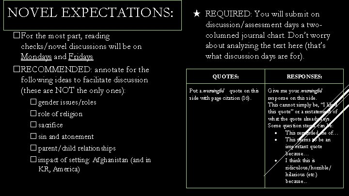 NOVEL EXPECTATIONS: �For the most part, reading checks/novel discussions will be on Mondays and