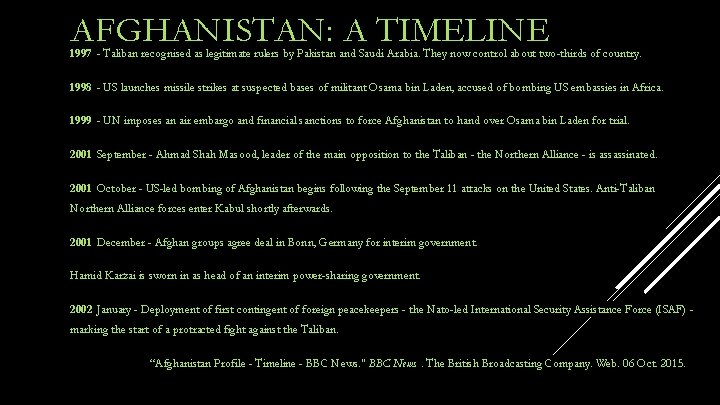 AFGHANISTAN: A TIMELINE 1997 - Taliban recognised as legitimate rulers by Pakistan and Saudi