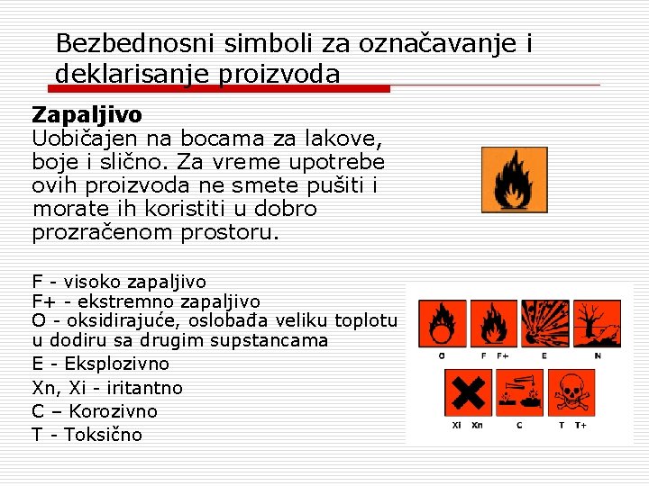 Bezbednosni simboli za označavanje i deklarisanje proizvoda Zapaljivo Uobičajen na bocama za lakove, boje