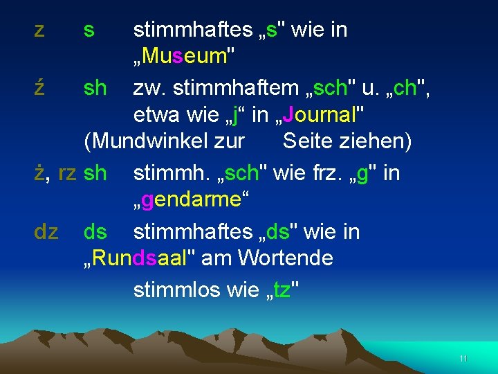 z s stimmhaftes „s" wie in „Museum" ź sh zw. stimmhaftem „sch" u. „ch",