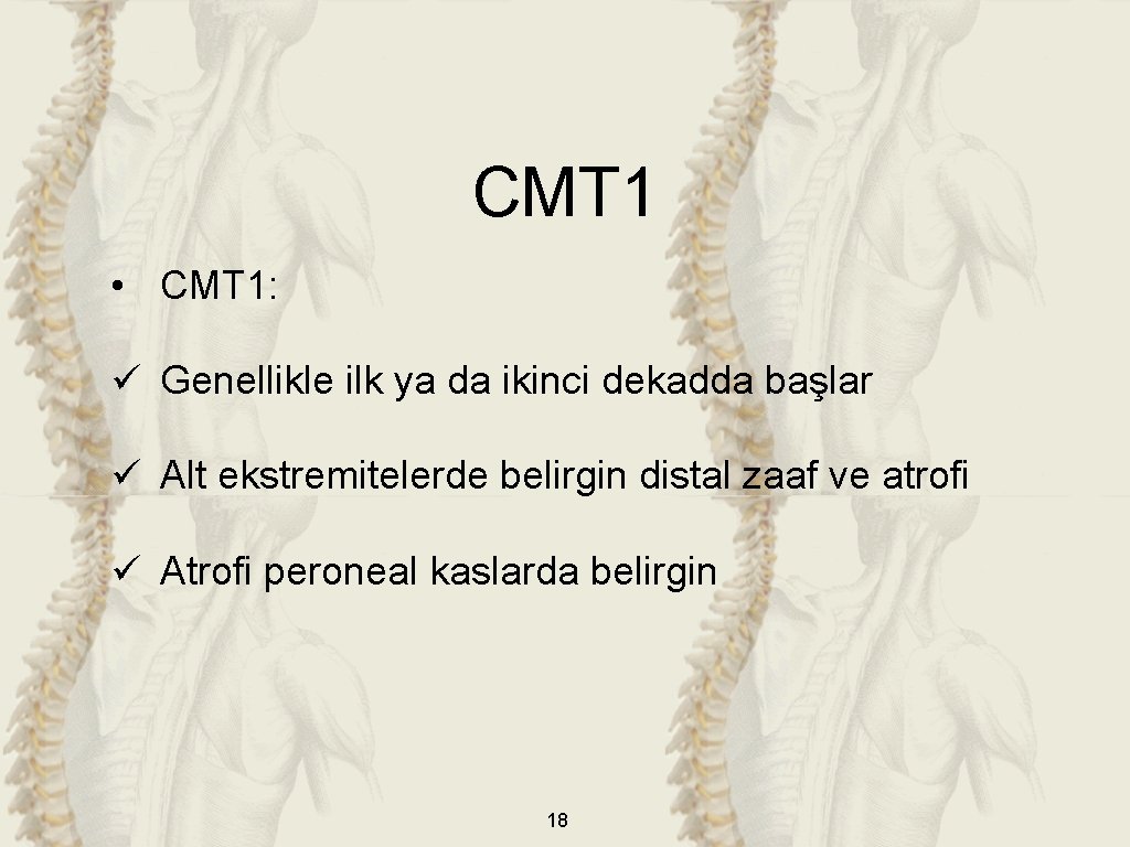 CMT 1 • CMT 1: ü Genellikle ilk ya da ikinci dekadda başlar ü