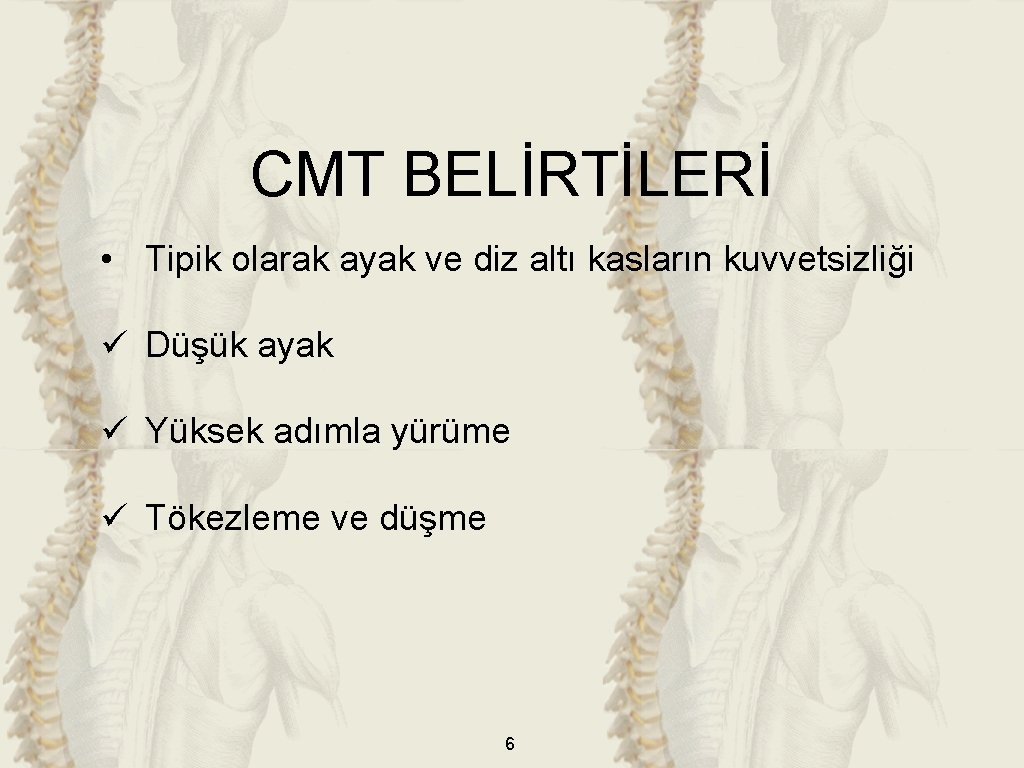 CMT BELİRTİLERİ • Tipik olarak ayak ve diz altı kasların kuvvetsizliği ü Düşük ayak