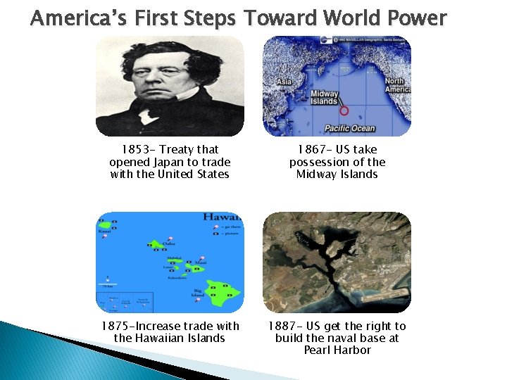 America’s First Steps Toward World Power 1853 - Treaty that opened Japan to trade