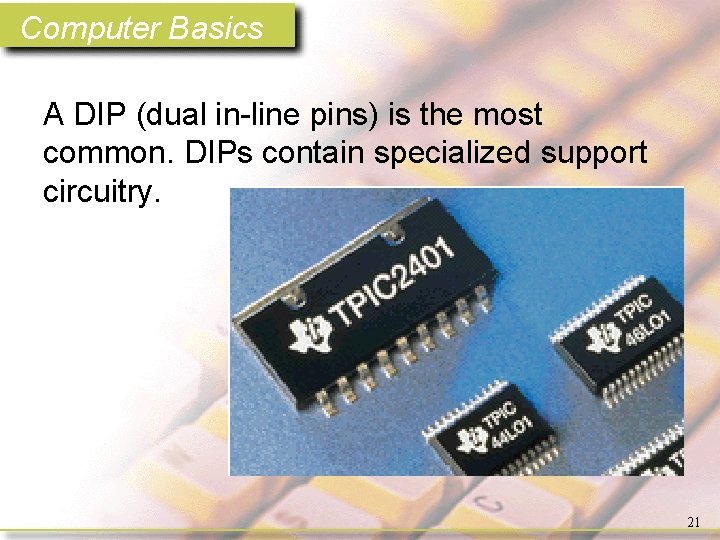 Computer Basics A DIP (dual in-line pins) is the most common. DIPs contain specialized