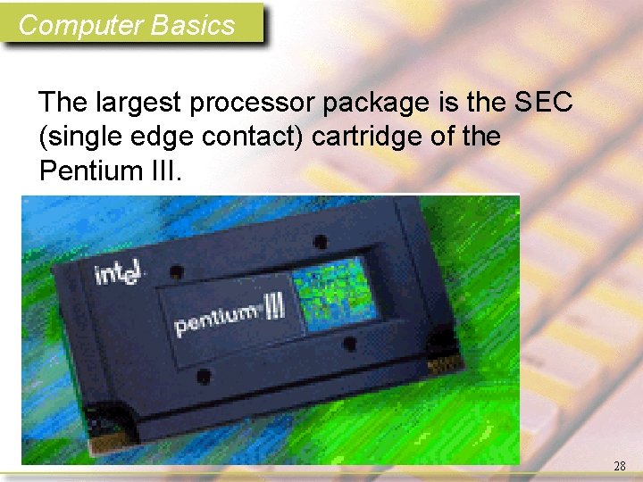 Computer Basics The largest processor package is the SEC (single edge contact) cartridge of