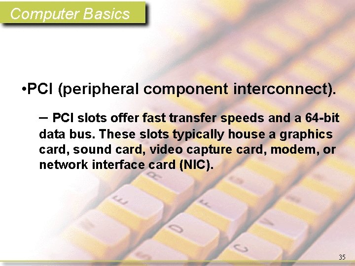 Computer Basics • PCI (peripheral component interconnect). – PCI slots offer fast transfer speeds